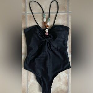BLACK 1960S SOLID TEXTURED BANDEAU HALTER SWIMSUIT, STONE DETAIL; L